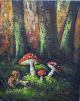 Fliegenpilze im Wald Amanita muscaria signiert