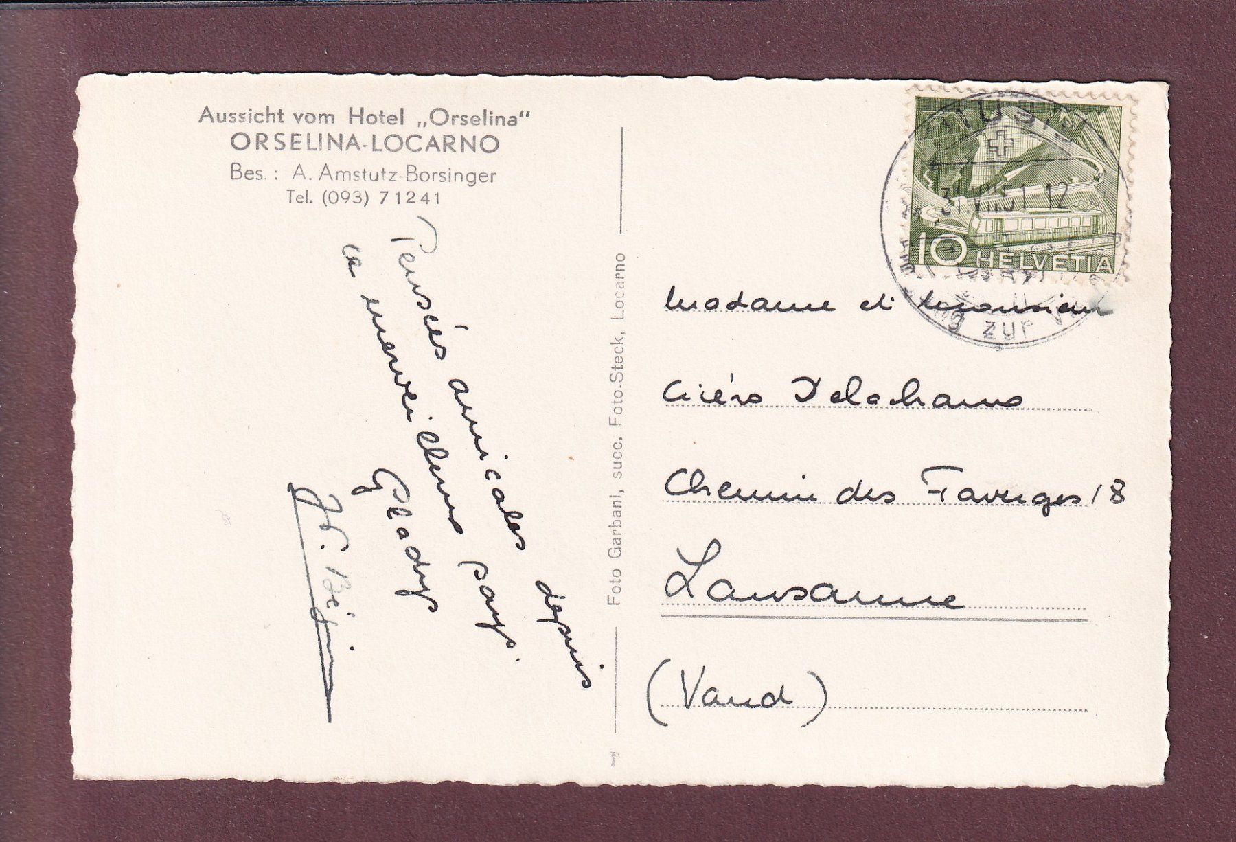 Cartoline postali: ORSELINA - Aussicht vom Hotel - 1951 – Usato da Pully venduto da nicecards 1