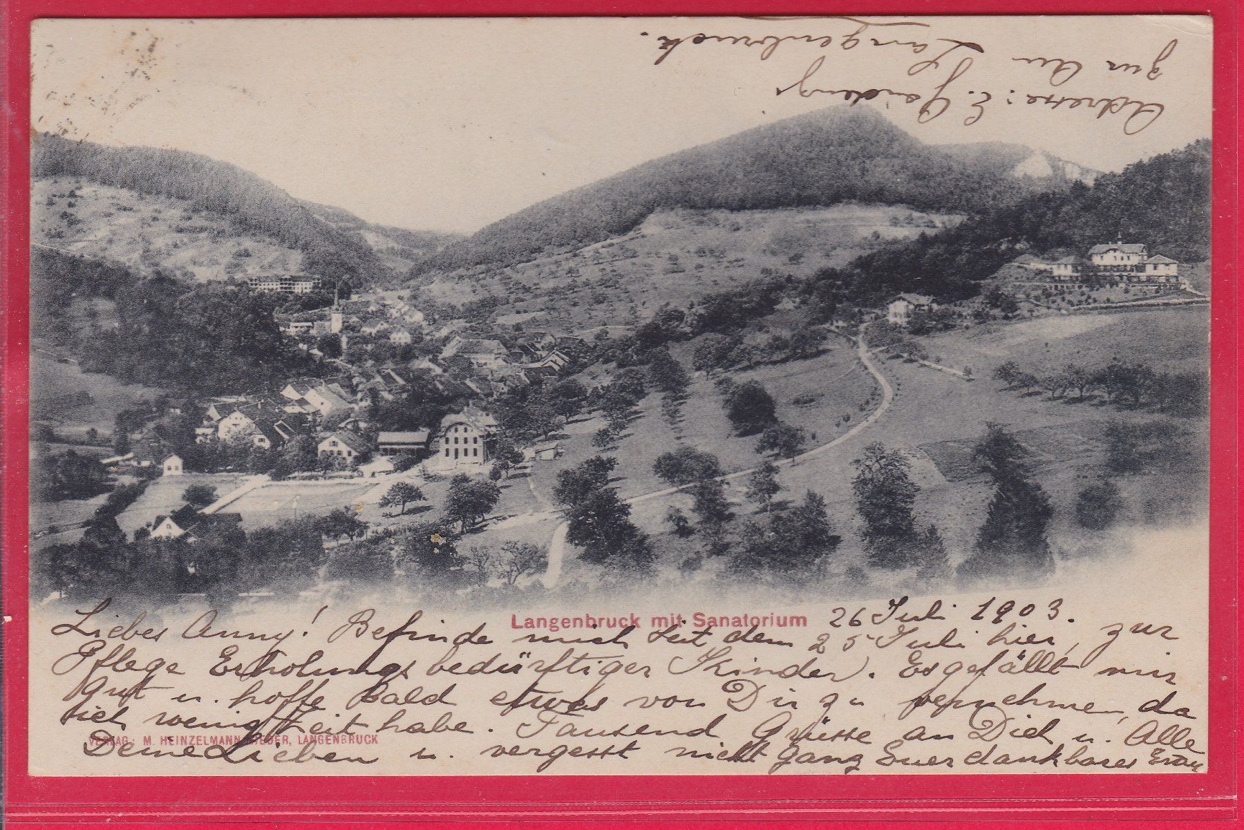 Ansichtskarten: LANGENBRUCK MIT SANATORIUM, 27.7.1903 – Gebraucht aus Oberrieden von Gebirgsstelze