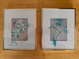 2er Set Asiatische Seidenmalerei / Aquarell