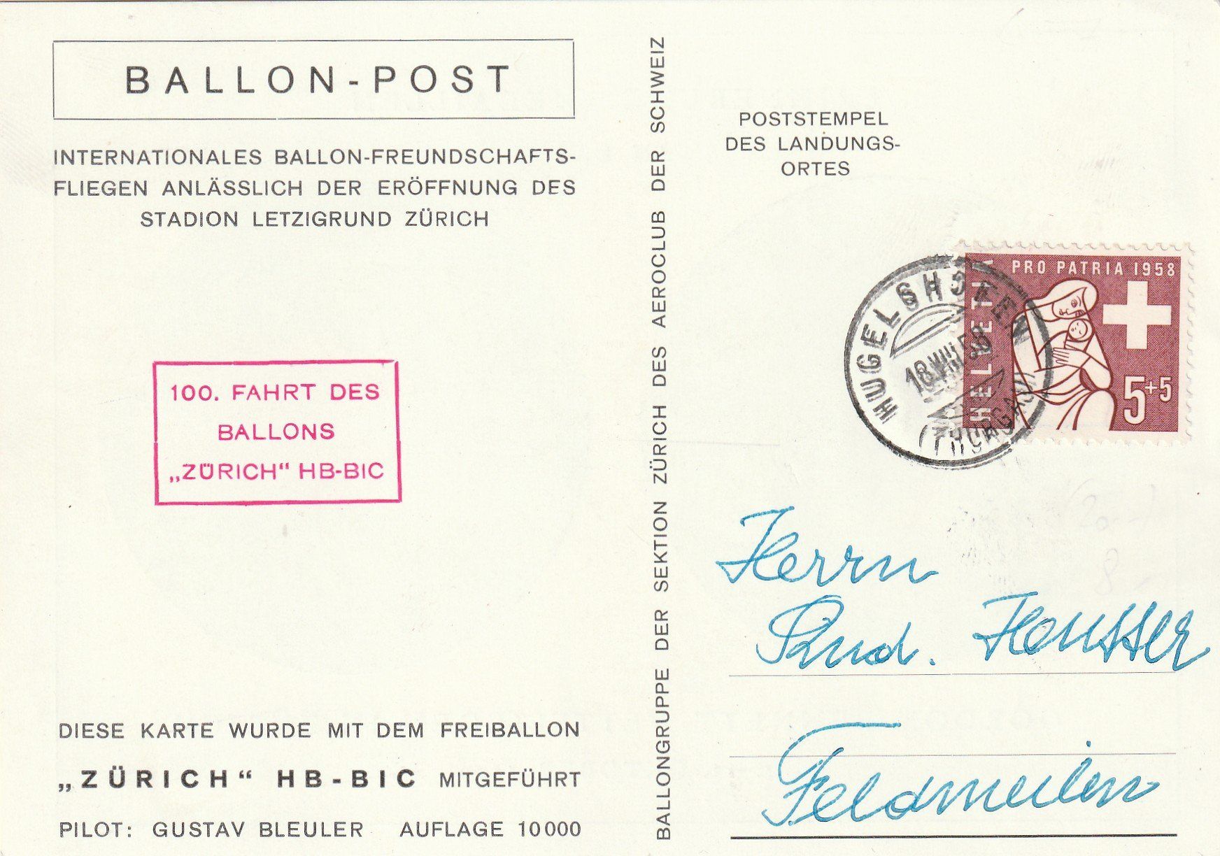 Tutti i francobolli: Ballonpost Zürich 1958 – Usato da Rorschacherberg venduto da fratovi2