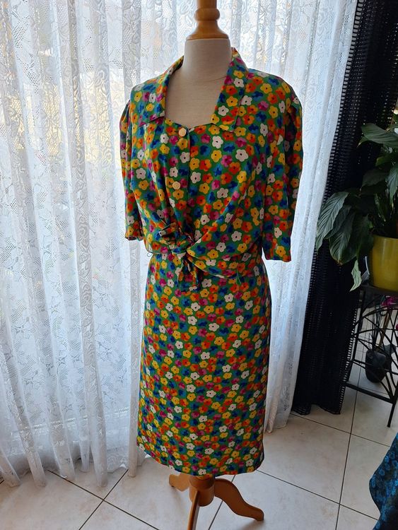 T-shirt Vintage Femme Maison 123 Taille 42/44 - Imprimé Fleurs Vert Et Jaune - Manches Longues - Très Bon état