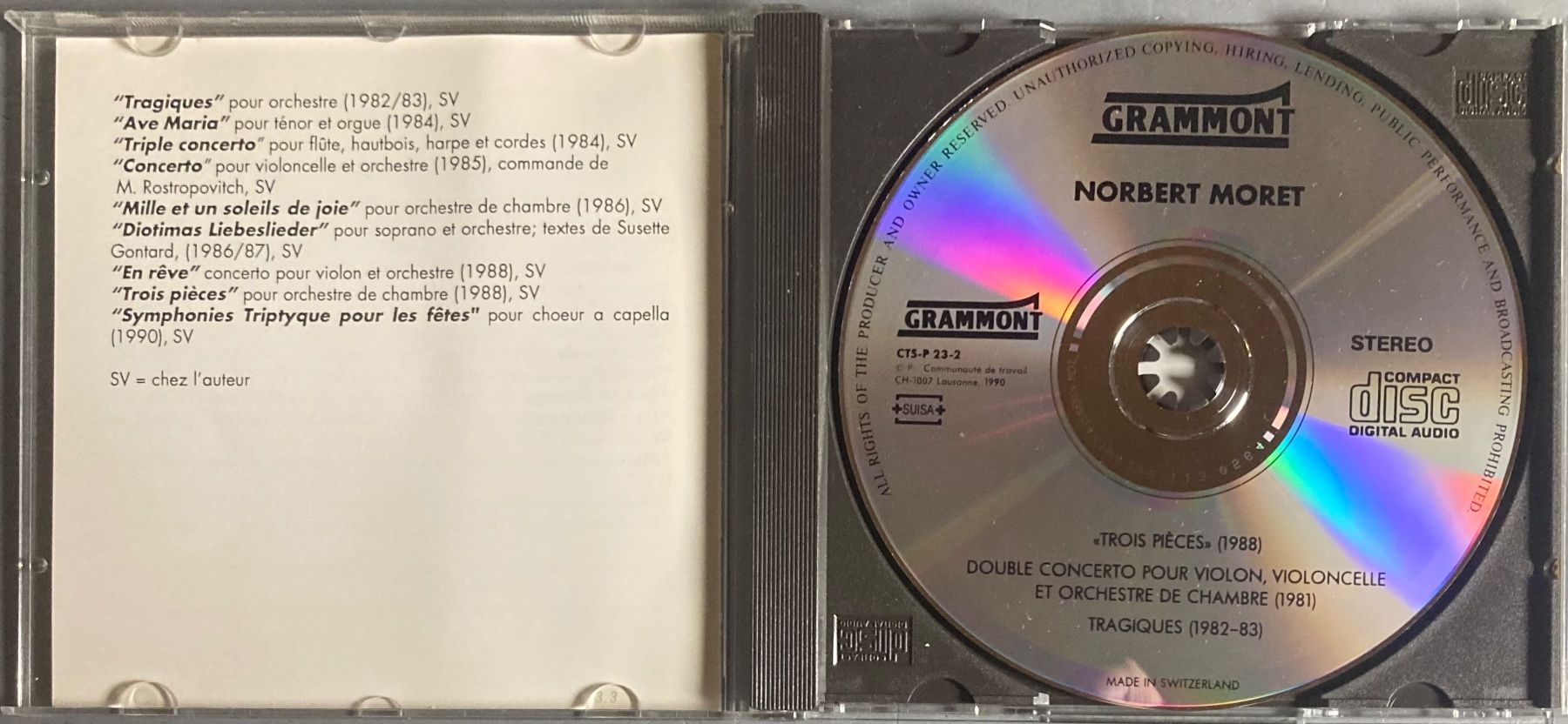 CD: NORBERT MORET - TROIS PIECES, DOUBLE CONCERTO, TRAGIQUES – Usato da Poliez-Pittet venduto da Newtown-Records 2