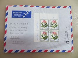 4 gelaufene Luftpostbriefe mit Pro Juventute Viererblock