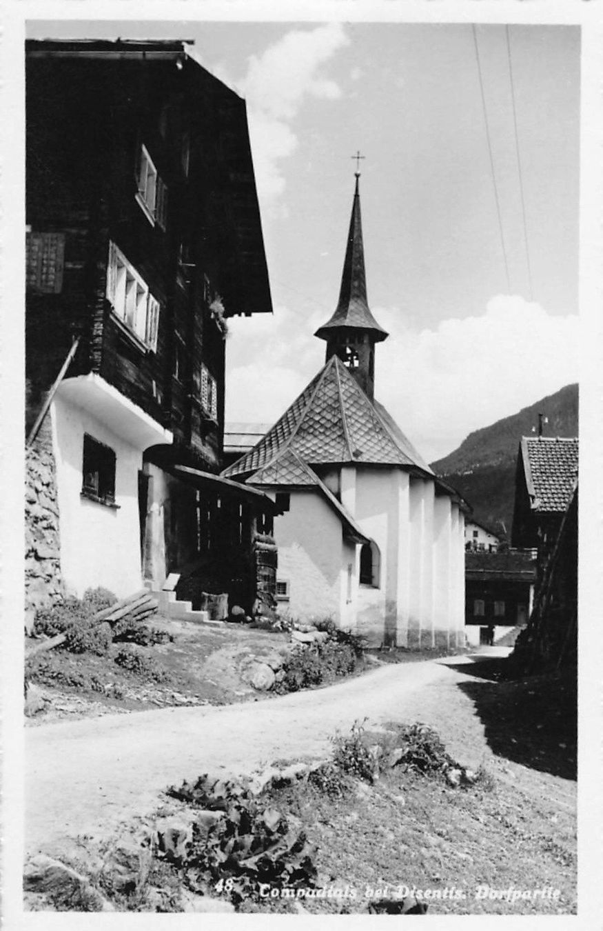 Cartoline postali: Gruss aus COMPADIALS b. DISENTIS - Dorfplatz – Usato da Lufingen venduto da TopAnsichtskarten
