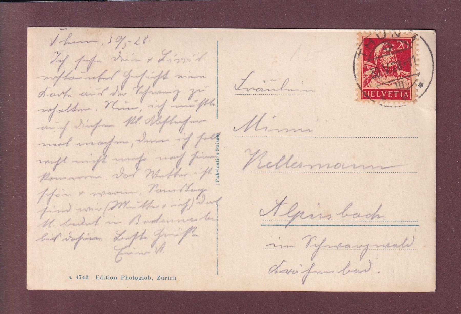 Cartoline postali: THUN - Hotel Beau-Rivage - 1928 – Usato da Pully venduto da nicecards 1