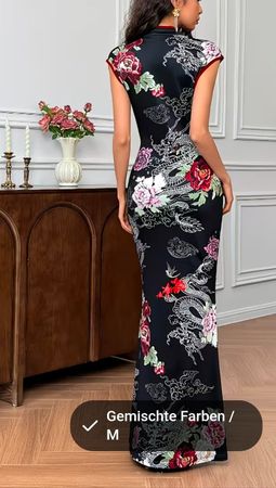 Kleid Qipao Blumen Drachen Schwarz M