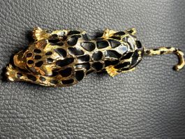 Broche panthère vintage dorée émail noir yeux verts, luxe...