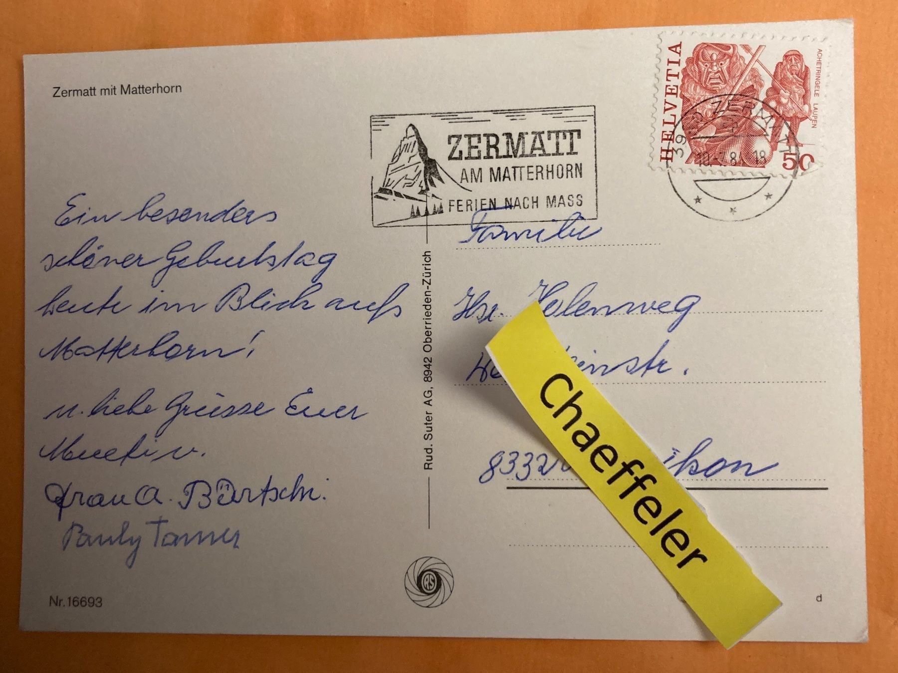 Cartoline postali: 1984 Zermatt mit Matterhorn – Usato da Zürich venduto da Chaeffeler 1