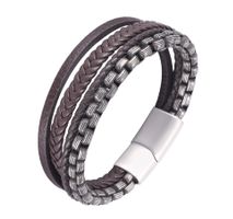 ARMBAND HERREN LEDER EDELSTAHL MAGNETVERSCHLUSS BRAUN SILBER
