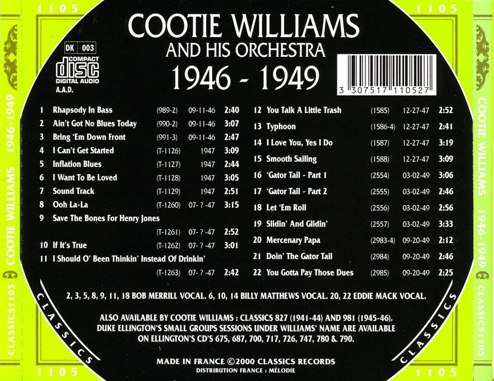 CD: Jazz-CD:  Cootie Williams 1946 - 1949  (Classics) – Usato da Hochfelden venduto da mue_lhm9 3