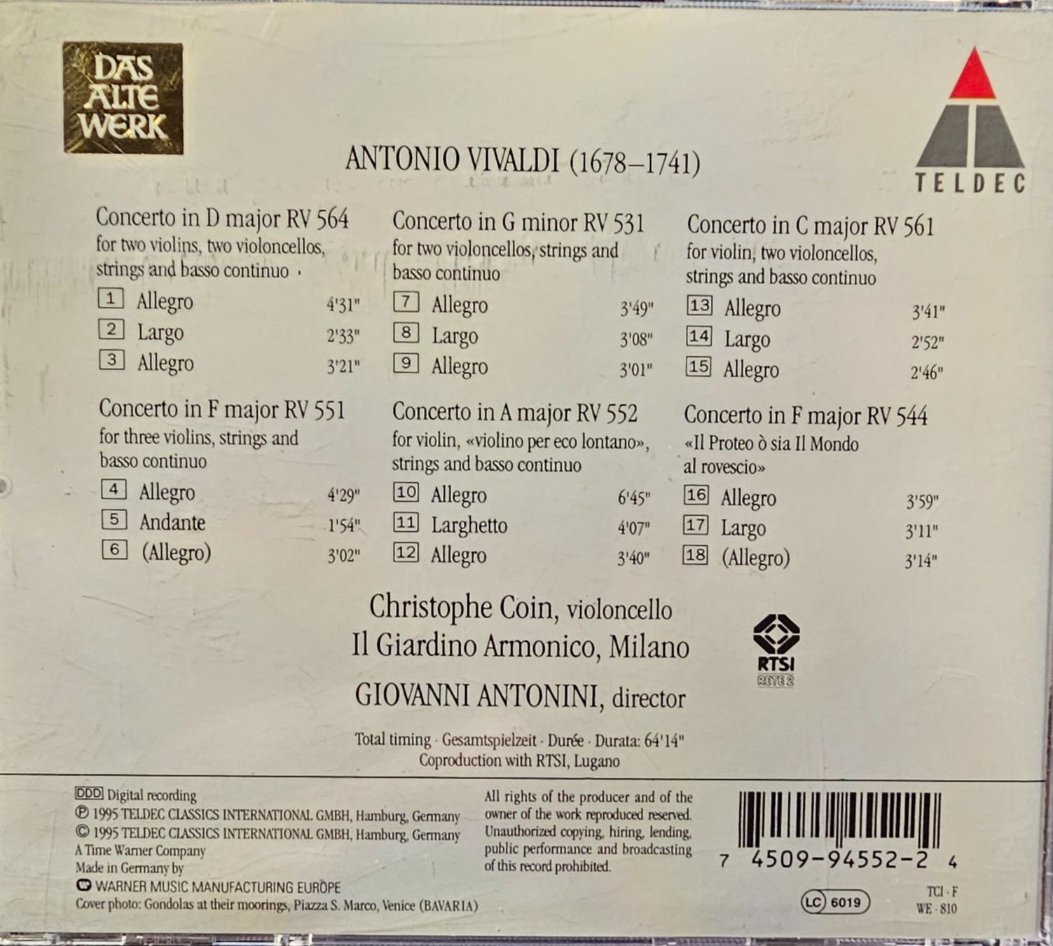CD: Vivaldi - Il Proteo Double And Triple Concertos – Usato da Wahlen b. Laufen venduto da Cg10 1