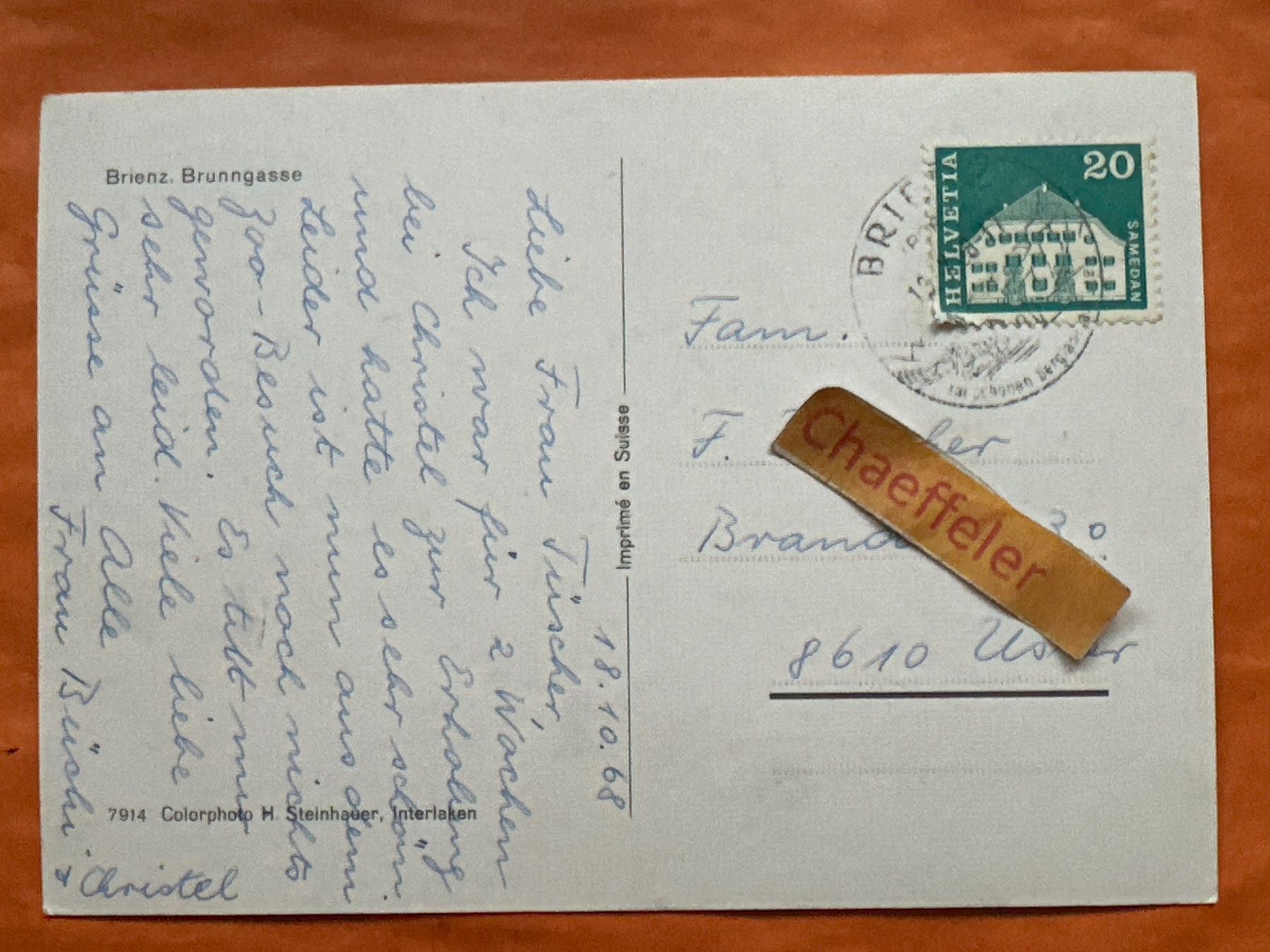 Ansichtskarten: 1968 Brienz, Brunnengasse – Gebraucht aus Zürich von Chaeffeler 1