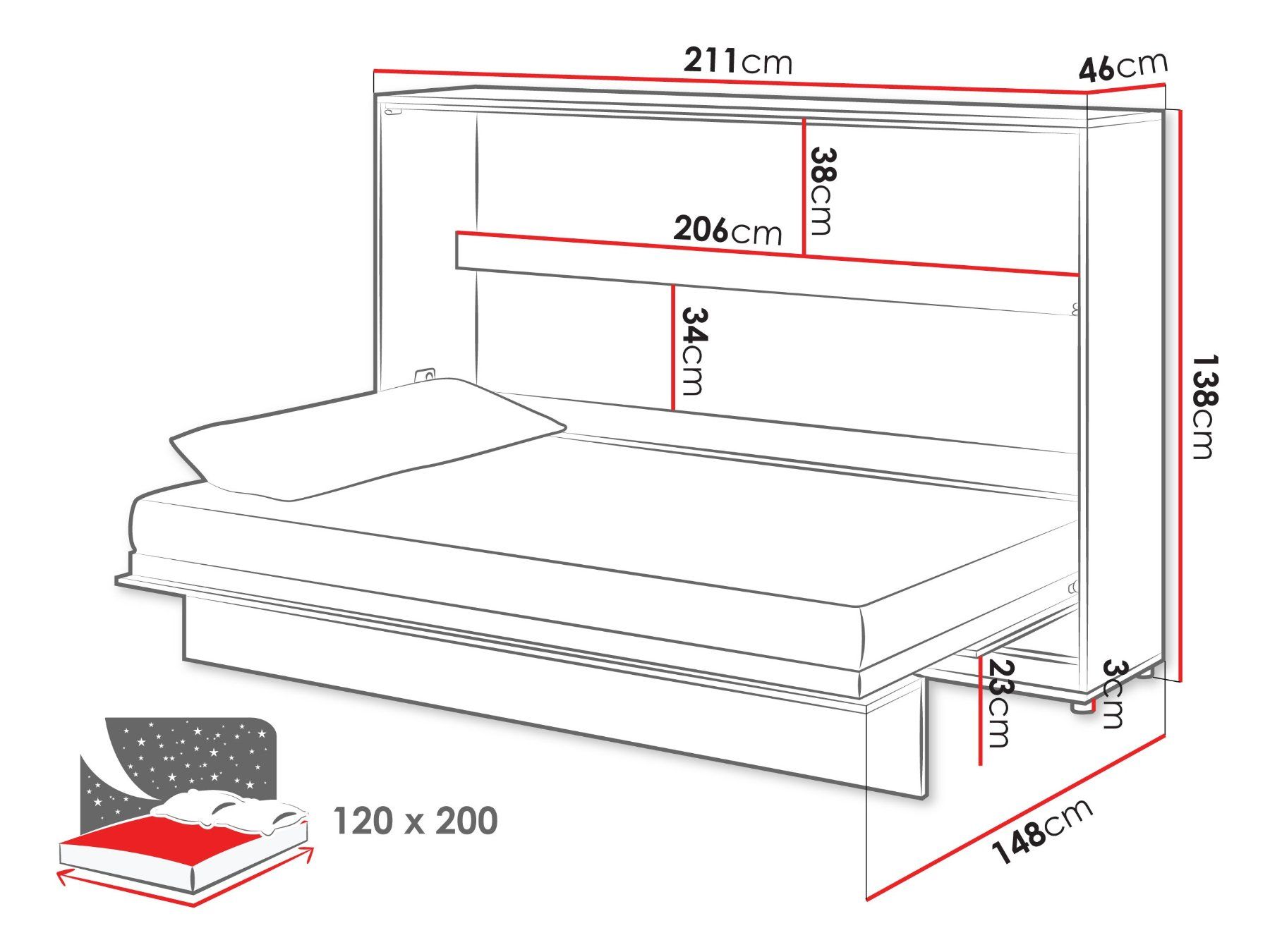 Letti: Schrankbett NOAH Horizontal Eiche + LED - 120x200cm – Nuovo e nell'imballaggio originale da Wallenwil venduto da toesstal-vertrieb 8