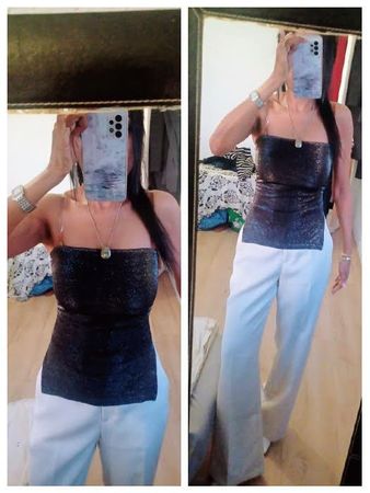 Günstig Porto!!! Gr.S  Top bandeau noir argenté neuf BERSHKA