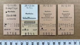 Ab Marthalen, 4 entwertete Billette, 1983, 1984, SBB, Bahn