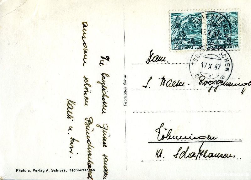 Cartoline postali: Tschiertschen + 1947 – Usato da Emmenbrücke venduto da teestube 1