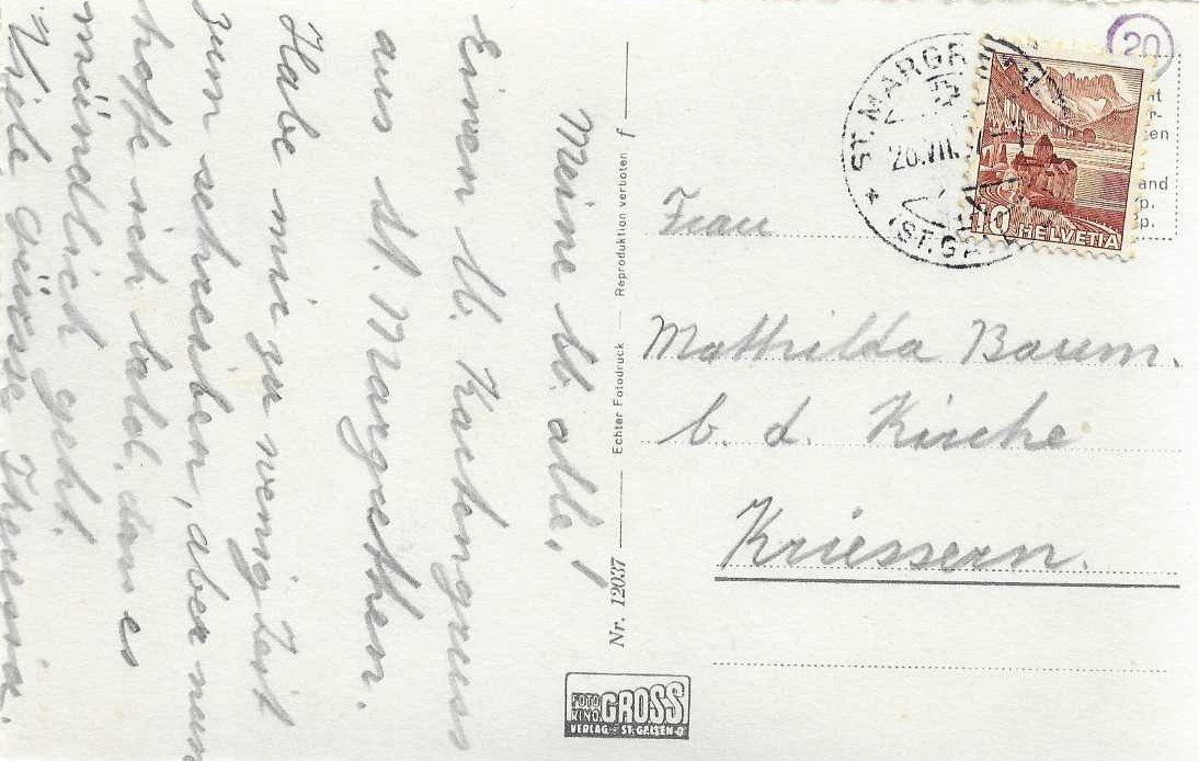 Ansichtskarten: AK ST. MARGRETHEN Rht. 1937 – Gebraucht aus Schlossrued von Aronliam 1