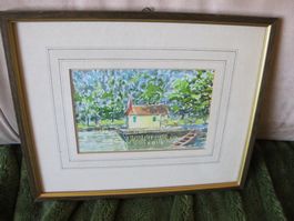 Bild Aquarell S Badhüsli im Bueberweiher auf Dreilinden H.R