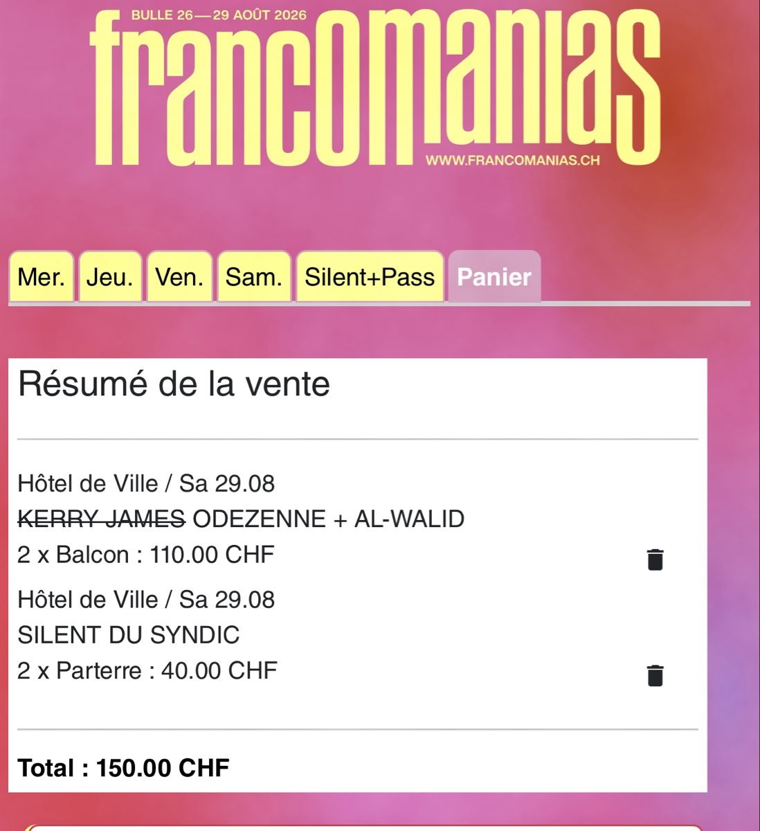 Biglietti: 2 billets pour les Francomanias + silent party – Nuovo e nell'imballaggio originale da MARLY venduto da AISLEE