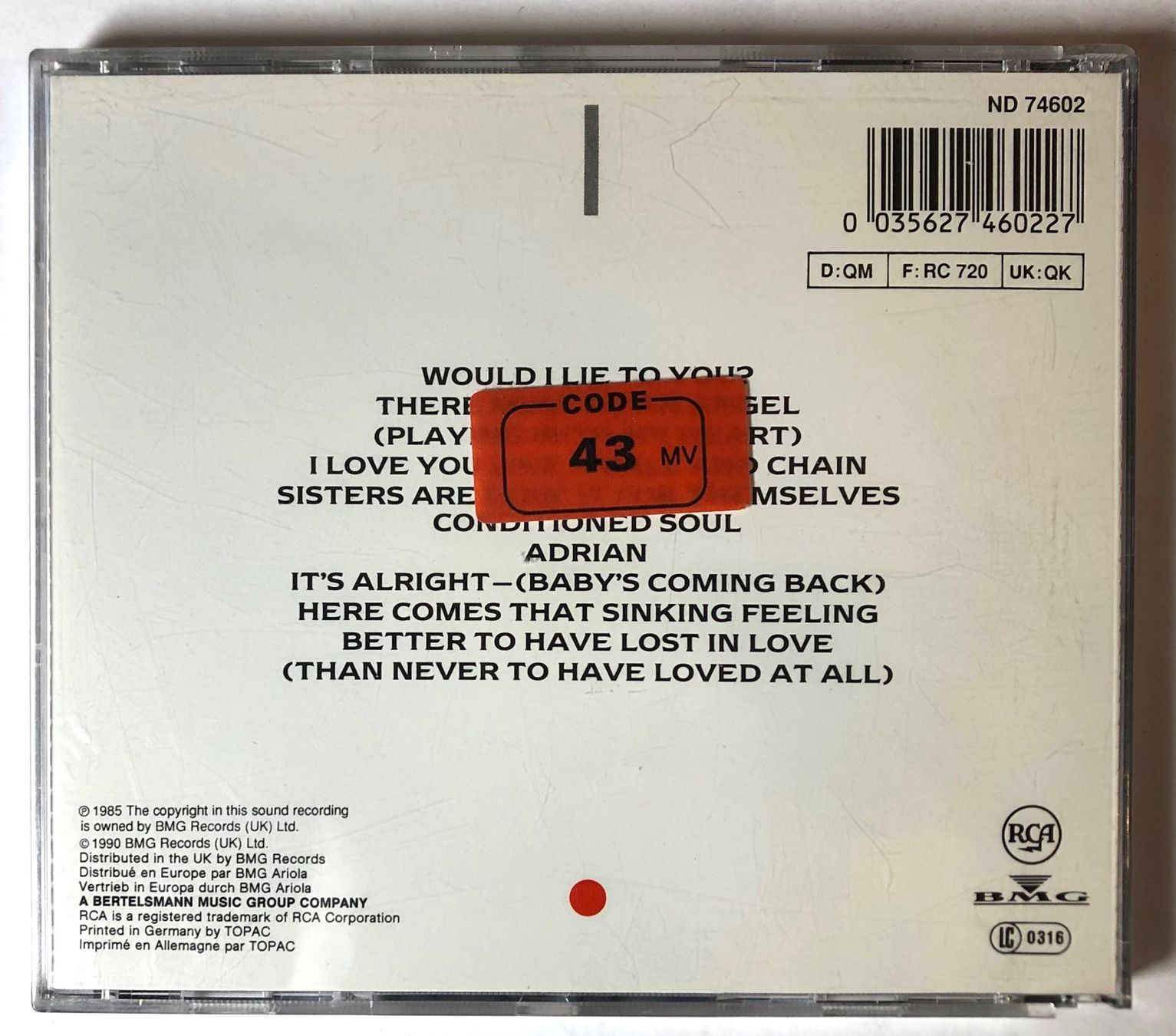 CD: EURYTHMICS - BE YOURSELF TONIGHT – Usato da Poliez-Pittet venduto da Newtown-Records 1