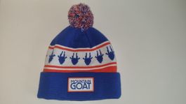 Mütze Mountain Goat blau weiss orange mit Bommel neuwertig