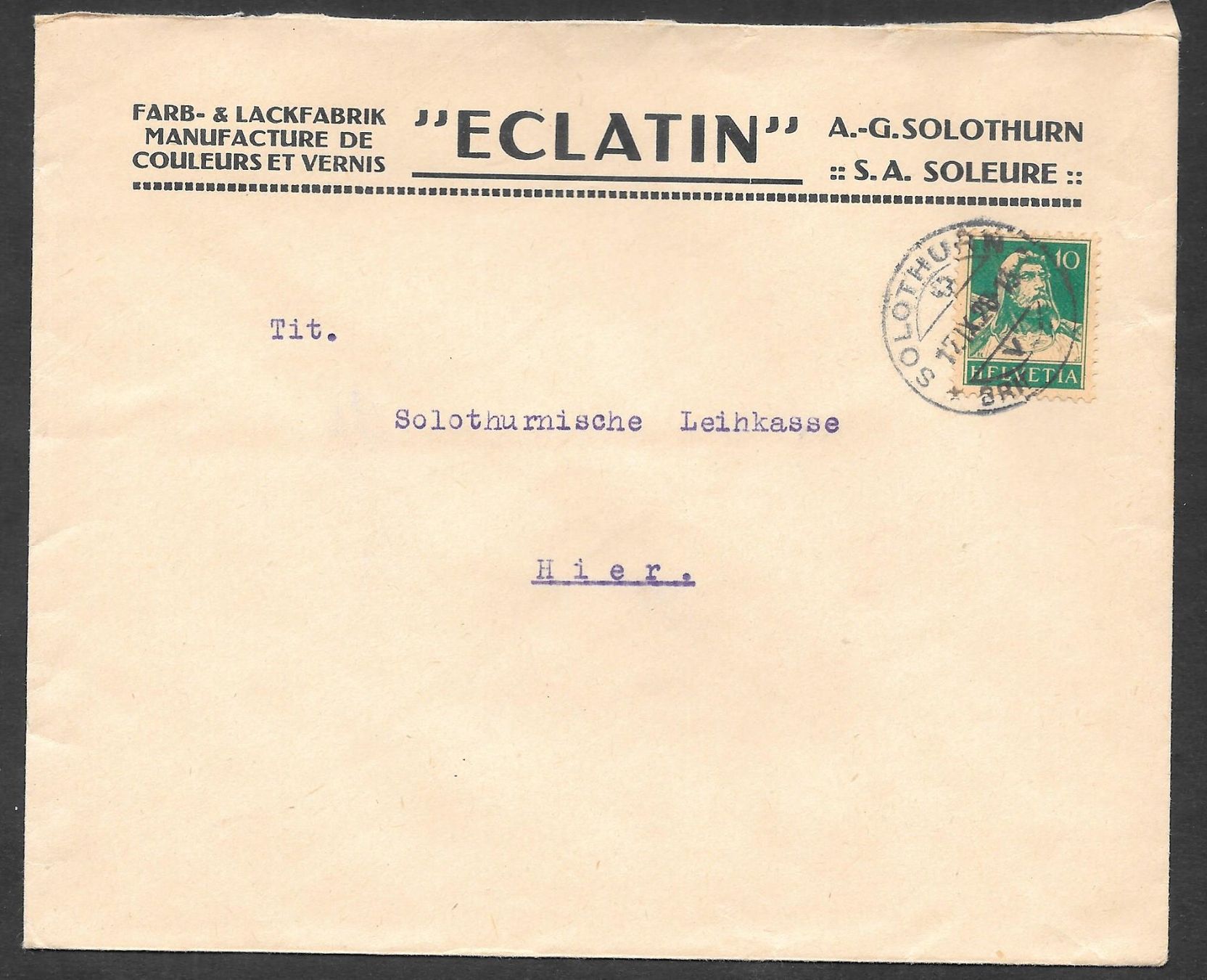 Tutti i francobolli: Solothurn Bedarfsbrief Eclatin Farb- Lackfabrik 17.9.1928 – Usato da Olten venduto da clotaldi