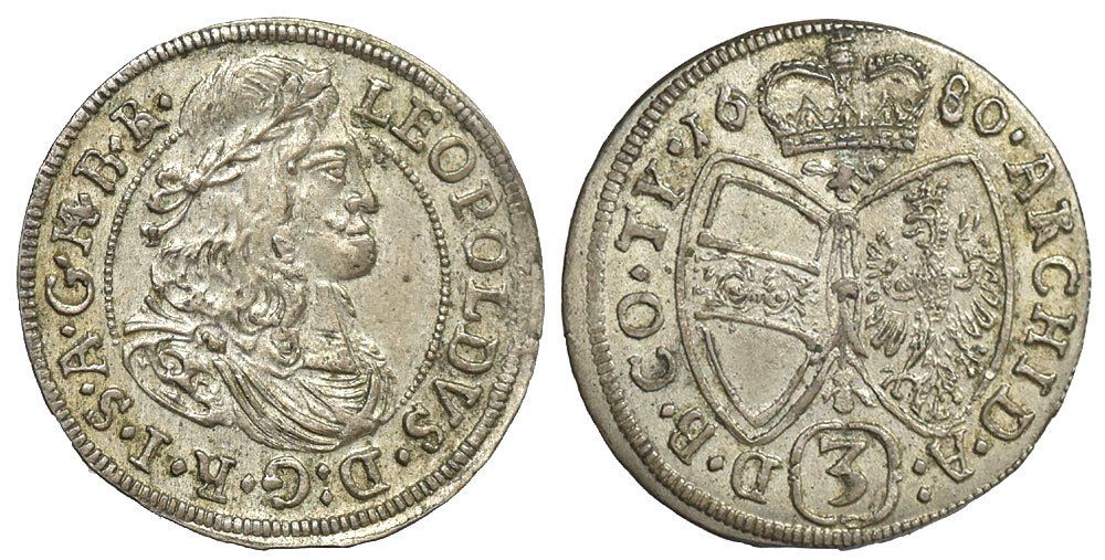 Tutti le monete: 3 Kreuzer 1680, Hall (Tyrol) – Usato da Chiasso venduto da Novamarketing