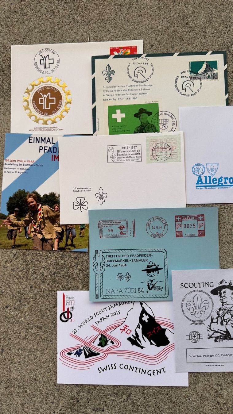 Stempel: 48 Pfadfinder Postkarten Briefe Sonderstempel der Schweiz – Gebraucht aus Wallisellen von Scoutphila 2