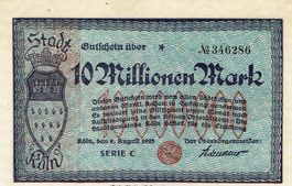 Köln 10 Mil.Mark 09.08.1923 Serie C WZ Waagerecht