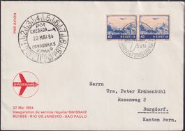 1954, ATTEST: F44.c Swissair-Brief Erstflug ZH-GE-Sao Paulo.