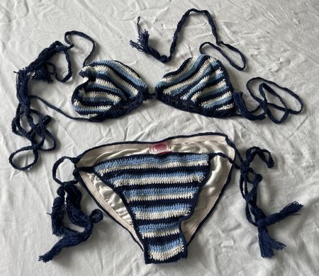 Anna Kosturova hand crocheted navy white cotton bikini S