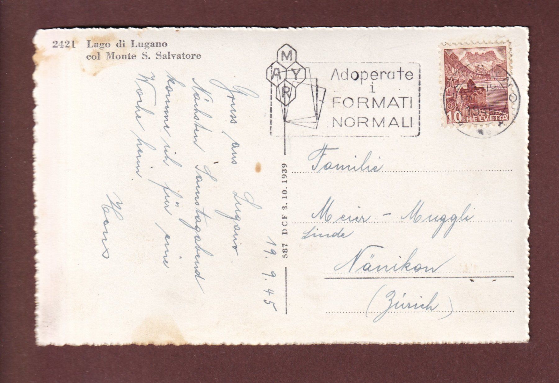 Ansichtskarten: LUGANO - San Salvatore - 1945 – Gebraucht aus Pully von nicecards 1