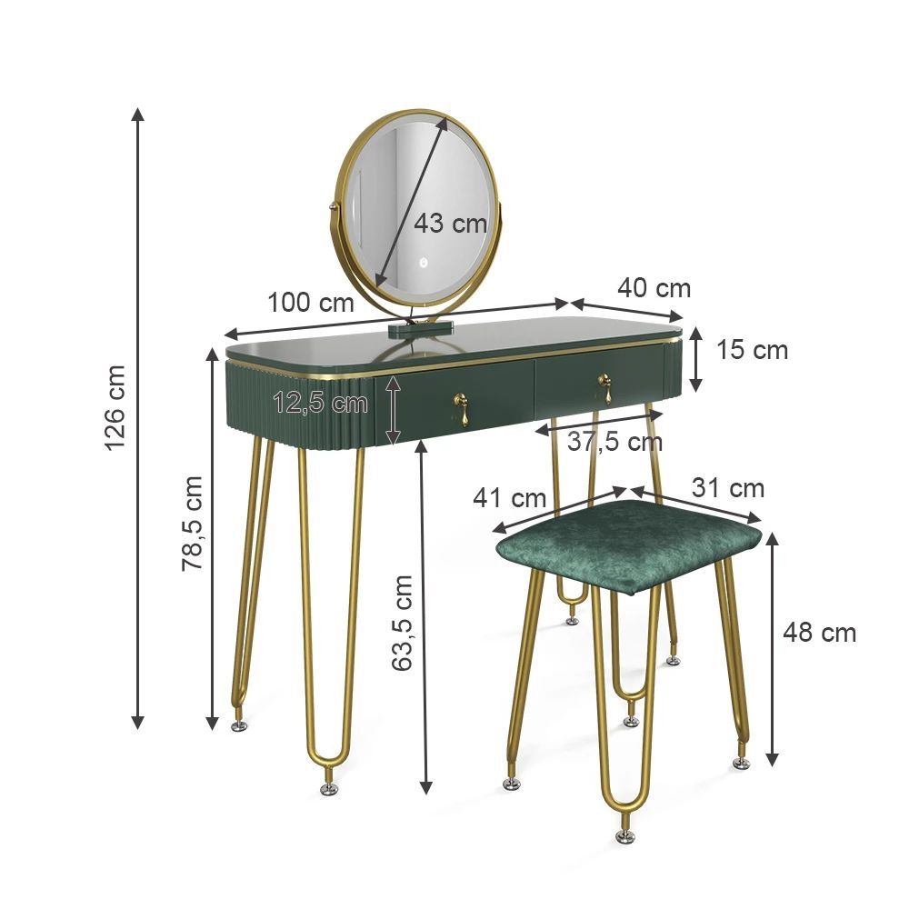 Tavoli da trucco: Coiffeuse vert foncé brillant 100 cm avec éclairage LED – Nuovo (secondo la descrizione) da Neuchâtel venduto da Anna87 4
