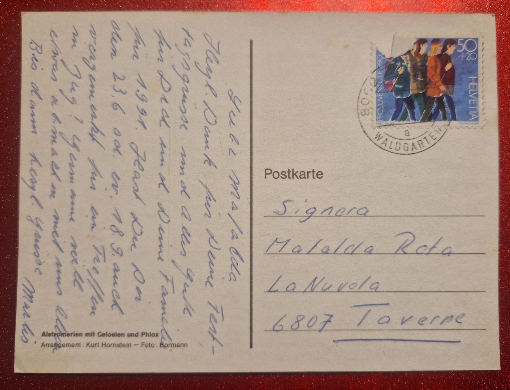 Cartoline postali: Blumenarrangement Herbstzauber 1990 – Usato da Melchnau venduto da Fishel 1