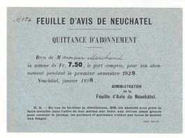 Feuille d'Avis de Neuchâtel - Quittance d'abonnement 1928