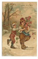 Neujahr - viel Glück - Kinder - Eislaufen - Päge-Litho 1903