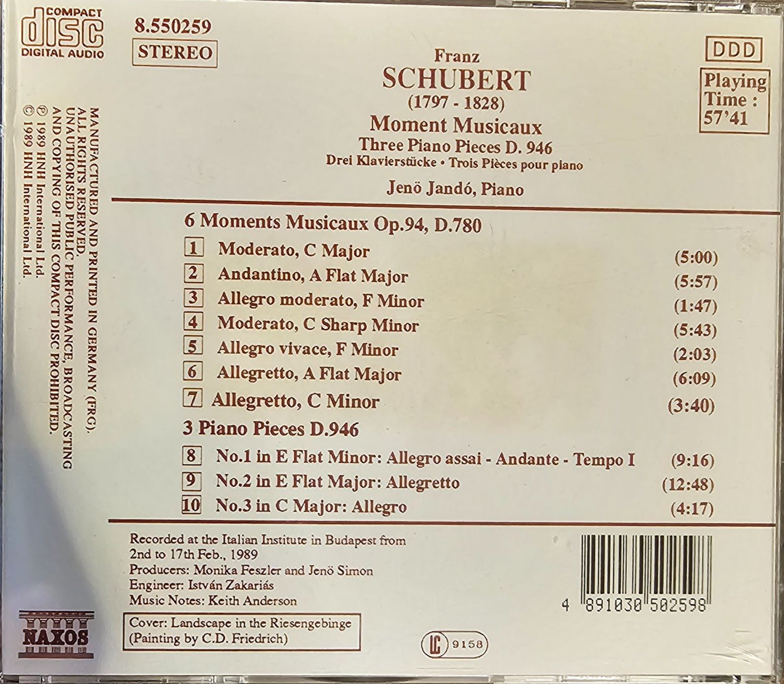 CD: Schubert - Moments Musicaux – Usato da Wahlen b. Laufen venduto da Cg10 1