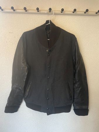Sandro Black Bomber/Varsity Jacket Wool & Leather L