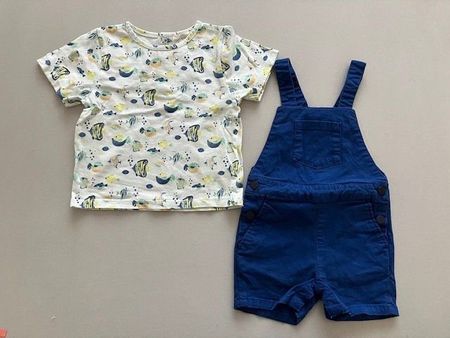 Ensemble été garçon T-shirt salopette poissons bleu 18 mois