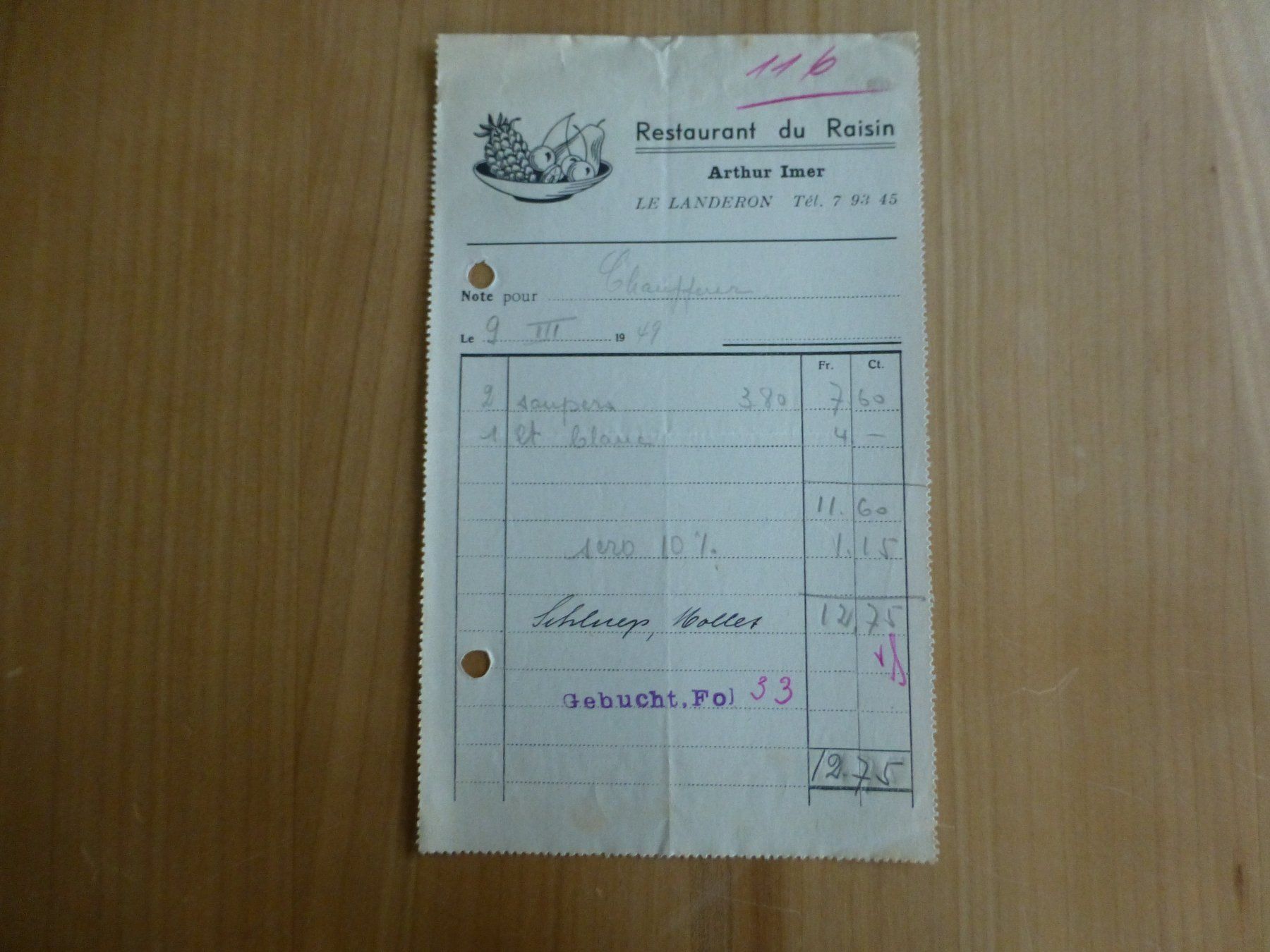 Posters & Illustrations: Le Landeron, Restaurant du Raisin, Arthur Imer, 9.III.1949 – D'occasion à Bettlach par 1saurer
