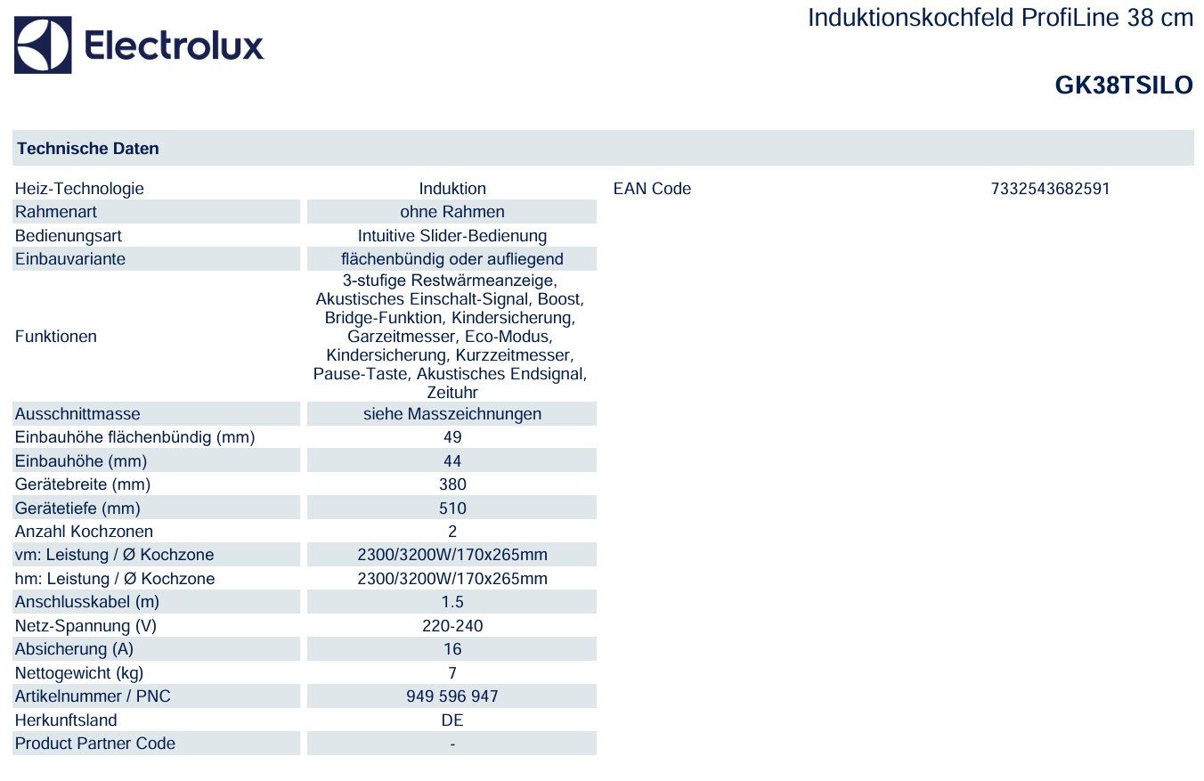 Electrolux Elettrodomestici da cucina: 322 Electrolux Induktionskochfeld, 38cm, GK38TSILO – Nuovo e nell'imballaggio originale da Derendingen venduto da Meisterstuecke 2