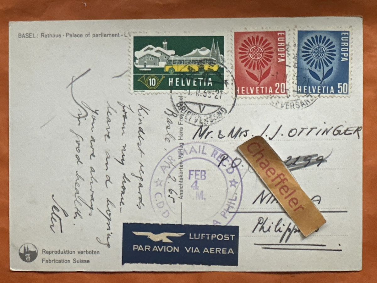 Cartoline postali: Basel Rathaus mit Briefmarken, 1965 – Usato da Zürich venduto da Chaeffeler 1