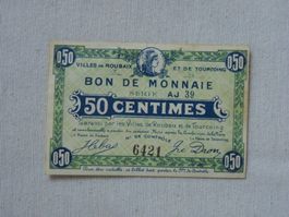 Bon de Monnaie,50 Centimes, Städte Roubaix/Tourcoing, AJ39