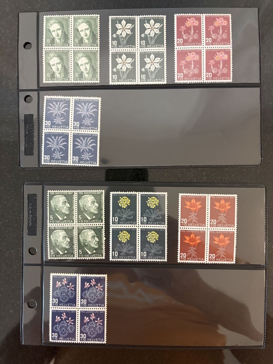 Alle Briefmarken: Pro Juventute 4-er Block postfrisch 1946+1947 – Gebraucht aus Meierskappel von Hala03
