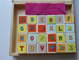 antikes Bilderwürfel Würfelpuzzle Holz Bauernhof ABC