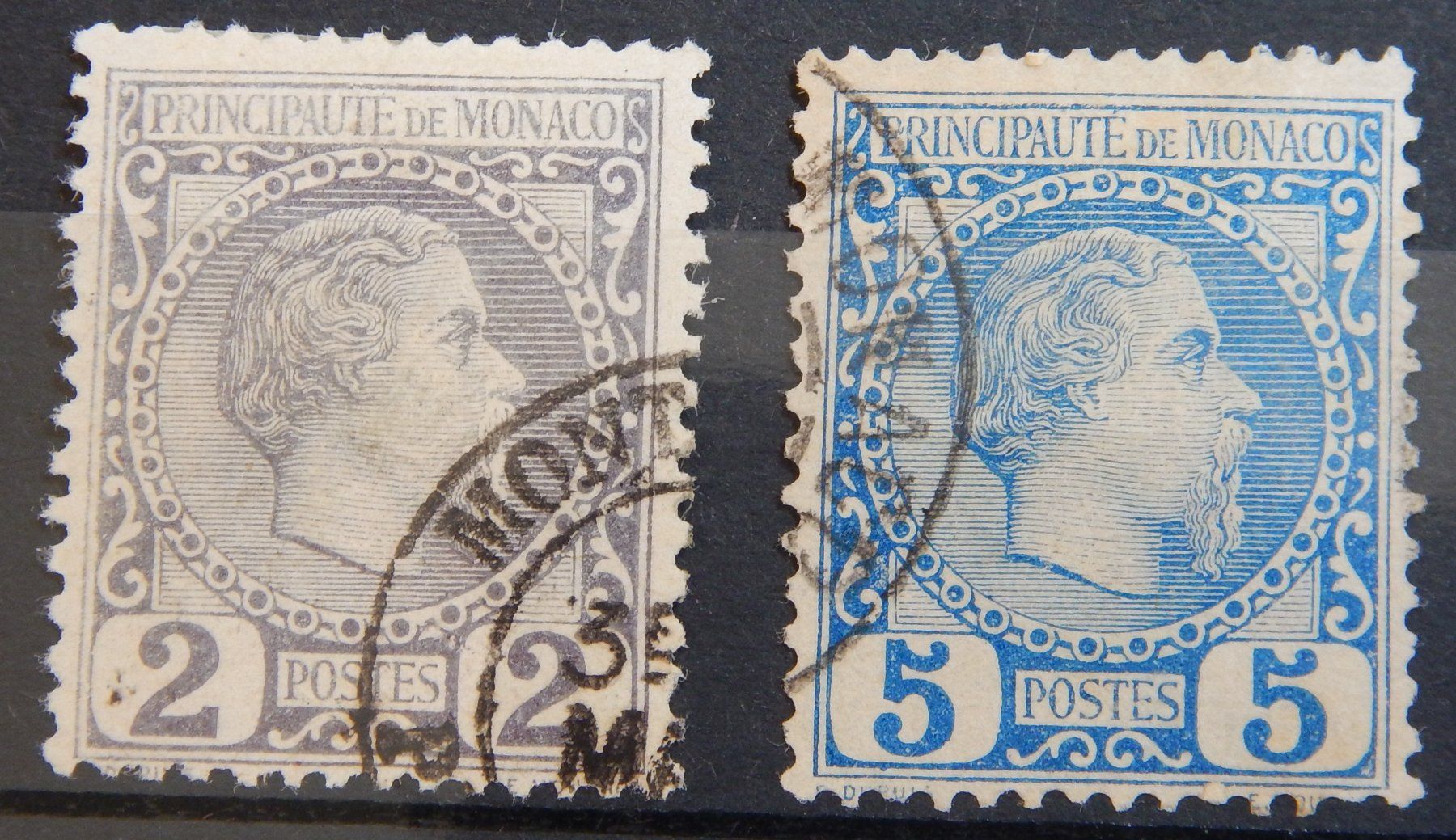 Alle Briefmarken: Monaco Kat. 2-3 gest. 1885 Kat. 72 Euro – Gebraucht aus Zürich von Muehlekauf