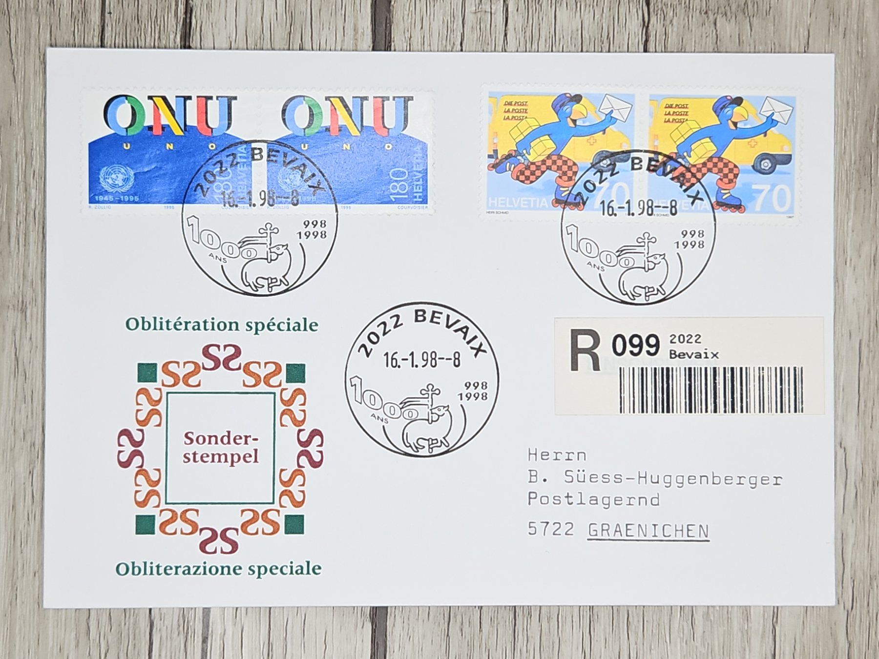 Tutti i francobolli: CL11 Enveloppe + Timbre Suisse 1998 – Usato da Cousset venduto da Patrick_Collections
