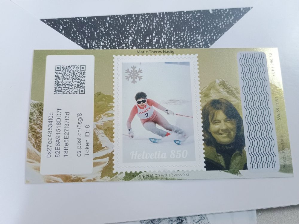 Tutti i francobolli: Swiss crypto stamp gold  ID 8 "Marie-Theres Nadig" – Usato da St. Gallen venduto da StBe1985