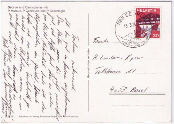 Cartoline postali: Sedrun & Chamischolas mit Piz Muraun, Piz Cazirauns, ... – Usato da Binningen venduto da Mountainrider 1